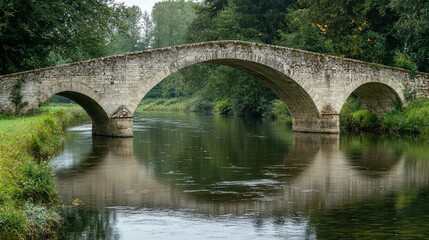 A serene view of a historic stone arch bridge reflecting in calm water amidst lush greenery, perfect for tranquil landscapes.