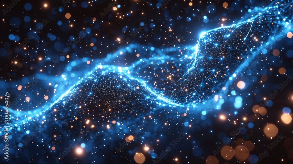 Poster a glowing blue wave of light particles flows through a dark background, creating a mesmerizing cosmi