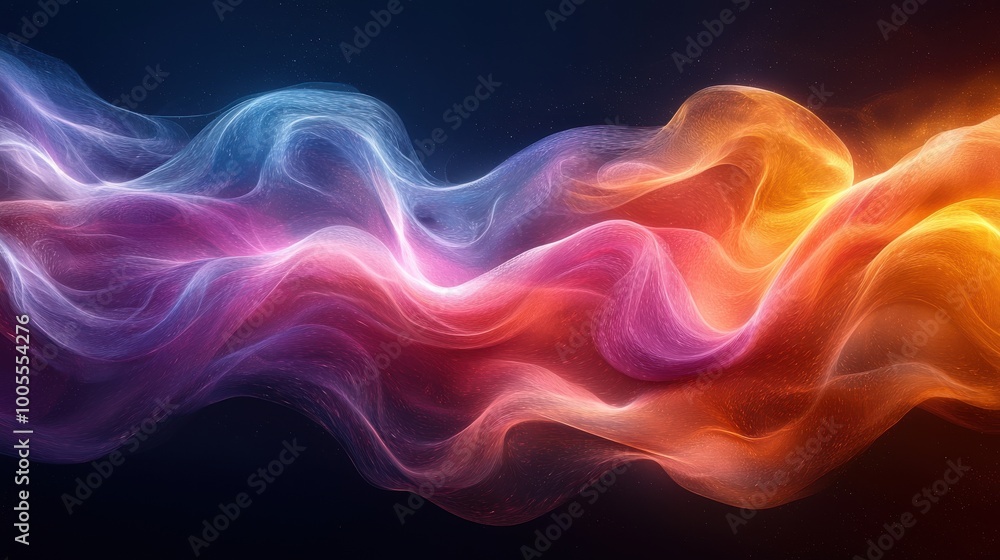 Poster abstract flowing waves of vibrant colors creating a dynamic visual effect against a dark background