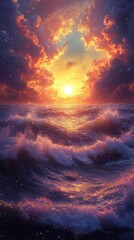 Obraz premium Majestic Sunset Over Ocean Waves: Fiery Sky and Dynamic Water Movement in a Vibrant Seascape
