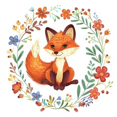 Fototapeta premium Fox with flowers. TShirt Sticker. Adorable illustration of a cute fox with flowers. AI generated
