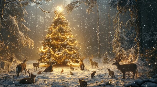 A serene winter scene featuring a beautifully adorned Christmas tree surrounded by wildlife and falling snowflakes.
