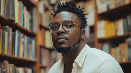 Fototapeta premium Thoughtful person in a library, surrounded by shelves of books, looking directly at camera.