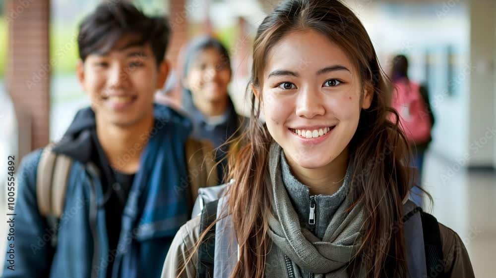 Poster a group of students walk through a busy hallway, engaged in conversations and displaying smiles. the