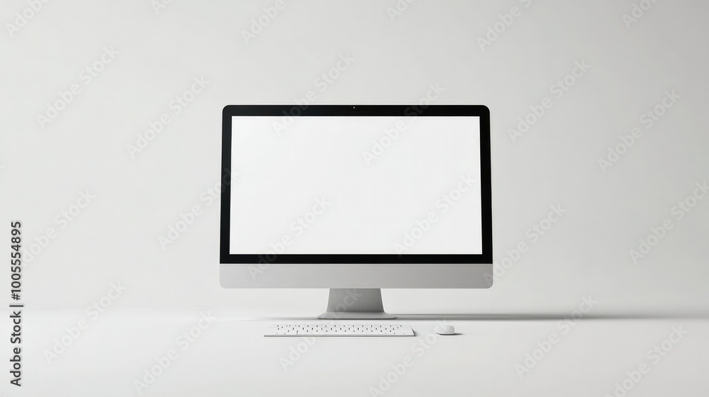 Poster modern desktop computer with a white screen, isolated on a pristine white background, perfect for pr