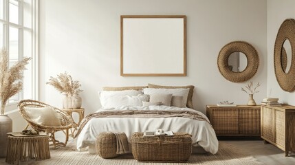 Modern bedroom with a mockup frame on a white wall, featuring natural rattan furniture and cozy decor, perfect for artwork or poster design mockups.