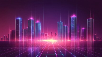 Fototapeta premium A futuristic cityscape with neon lights and a glowing grid in the foreground.