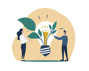 ESG Corporate Responsibility: Business People Nurturing Green Plant in Light Bulb - Environmental, Social, and Governance Concept Vector