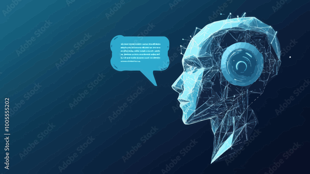 Poster futuristic low poly wireframe humanoid robot head with speech bubble in side view, concept of ai cha