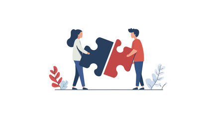 Obraz premium Business Concept Illustration of Cooperation with Two People Connecting Puzzle Pieces, Teamwork Collaboration, Joint Effort in Problem Solving