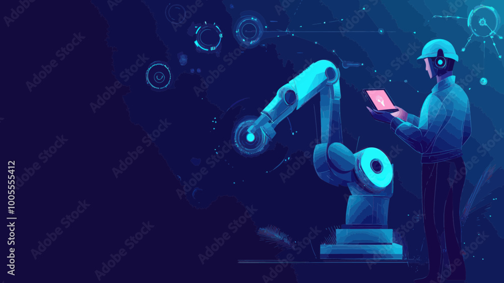 Aufkleber abstract polygonal engineer with tablet controlling robotic arm in smart technology manufacturing pr