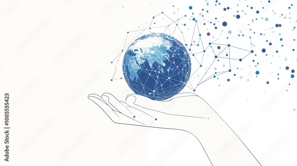 Aufkleber abstract digital illustration of planet earth in hand with network lines and dots, concept of global