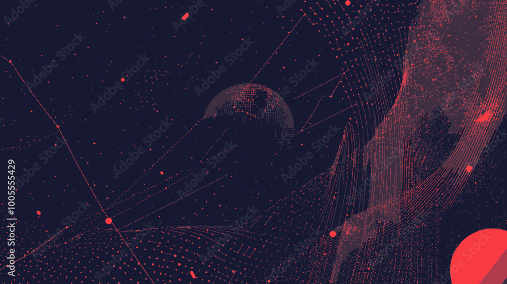 Poster cyber attack in abstract space - hacker activity depiction with planets and stars, vector minimalist