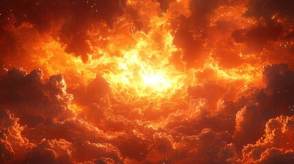 Dramatic orange and yellow clouds illuminated by a radiant sun during a stunning sunset over a serene landscape