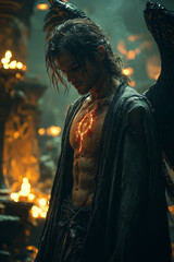 contemplative fallen angel with a heart aflame in a dark, mystical temple setting