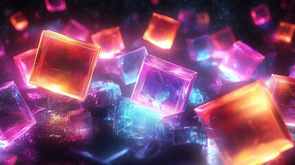 Fototapeta premium Abstract glowing geometric shapes floating in a dark space, futuristic glowtime design, cuttingedge and creative, perfect for techrelated visuals