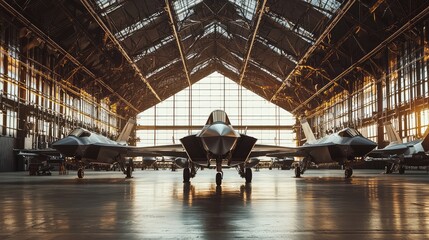 A sleek fighter jet showcased inside a spacious aircraft hangar, bathed in natural light streaming through large windows.