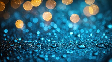 Vibrant water droplets sparkle under soft warm lights during a rainy night, creating a shimmering effect on a blue surface