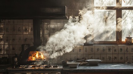 A smoky kitchen scene with a glowing stove, creating a warm, inviting atmosphere filled with culinary creativity.