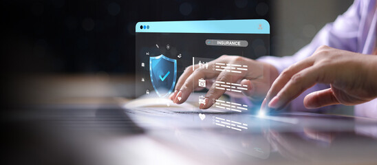 Insurance concept. Businessman using a computer to insurance online for family and life, financial, car, travel, and health insurance.