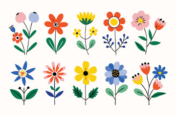 Cute Flowers Set in Flat Vector Style, Simple Shapes, Bold Outlines, High Contrast, Colorful Clip Art
