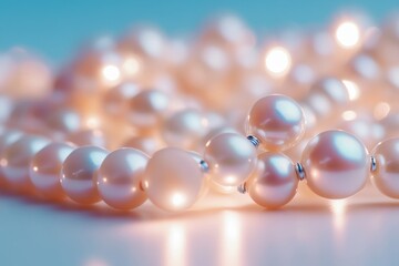 A close-up of lustrous pearls glimmering softly in a delicate arrangement, evoking elegance and timeless beauty.