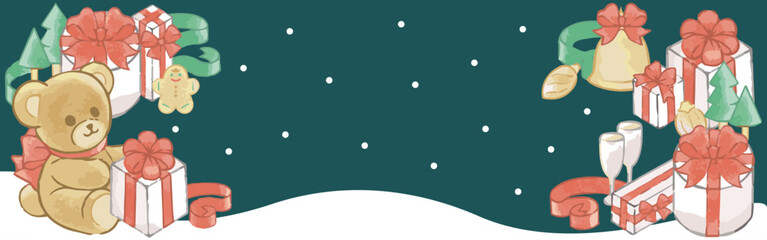 バナー　クリスマス　手描き　水彩　フレーム　背景　かわいい　コピースペース　イラスト素材
