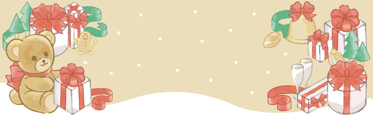 バナー　クリスマス　手描き　水彩　フレーム　背景　かわいい　コピースペース　イラスト素材