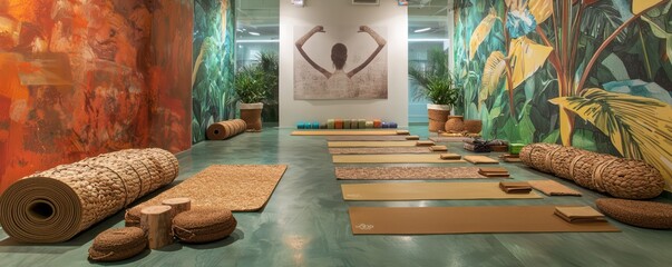 A sustainable yoga studio with mats and props made from natural materials, offering classes in a room painted with VOC-free paints
