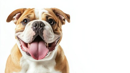 Obraz premium Playful dog sitting on a white background, tongue hanging out in excitement, gazing at the camera with a happy, friendly demeanor.
