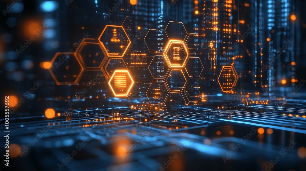 Poster abstract digital network with glowing hexagons and circuitry