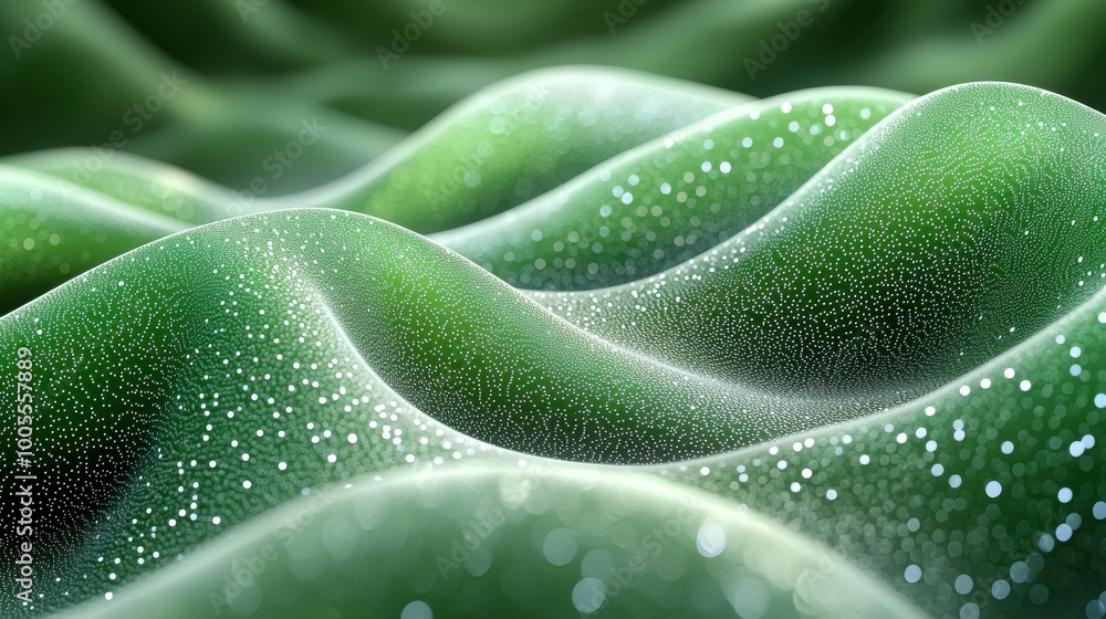 Poster close-up view of green textured waves with droplets, highlighting natural patterns and shapes in a s