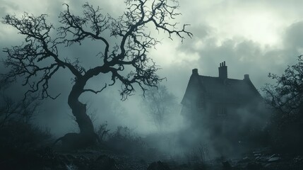 A spooky scene featuring a dark tree and an eerie house shrouded in mist, perfect for Halloween or horror-themed projects.