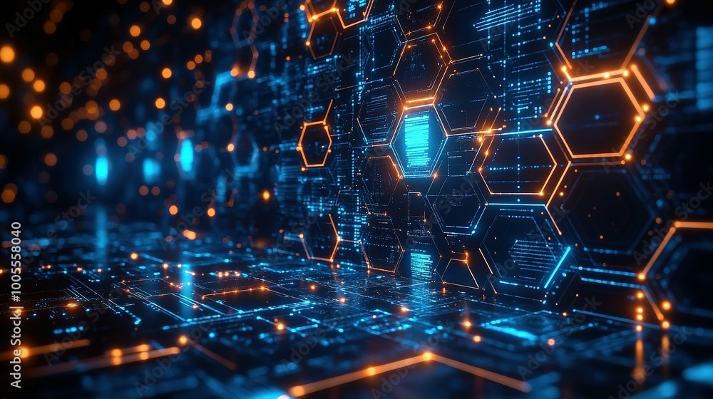 Poster abstract digital network with glowing hexagons and circuitry