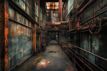 Fototapeta premium Rusty Industrial Corridor with Pipes and Windows