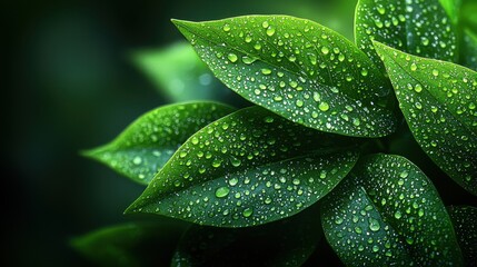 Obraz premium Close-up of fresh green leaves covered in droplets of water, captured in the early morning light in a lush garden