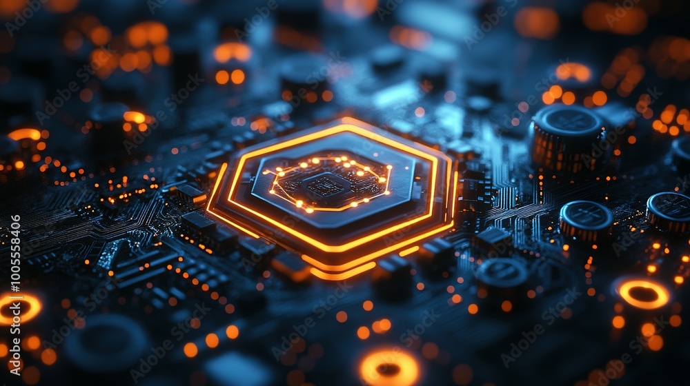 Poster glowing hexagonal chip on a circuit board