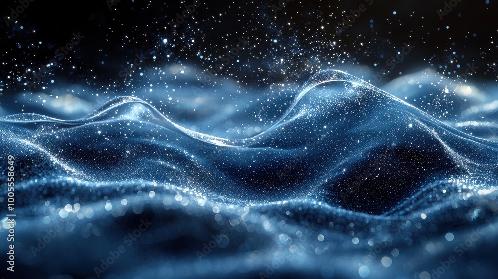Poster shimmering waves of water glisten under soft light, creating a tranquil and ethereal atmosphere in a