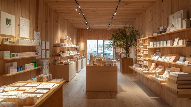 A zero-waste stationery shop with products made from recycled materials, displayed in a minimalist, sustainable wood decor