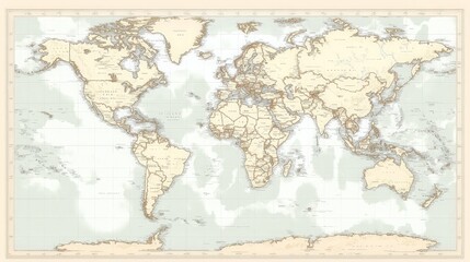 A vector graphic of a detailed world map, with countries and borders outlined in clean lines.