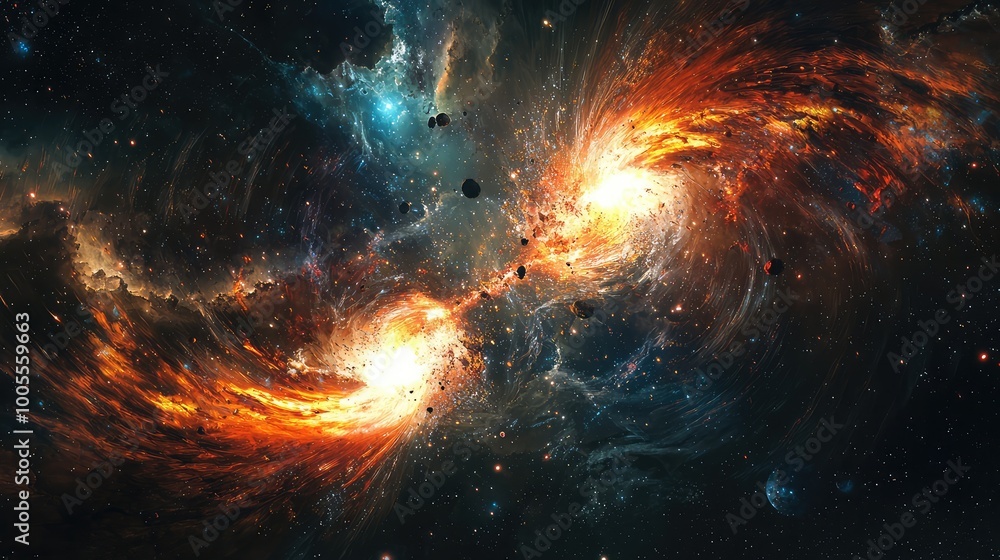 Poster a stunning cosmic scene showing vibrant galaxies merging in a spectacular display of colors and patt