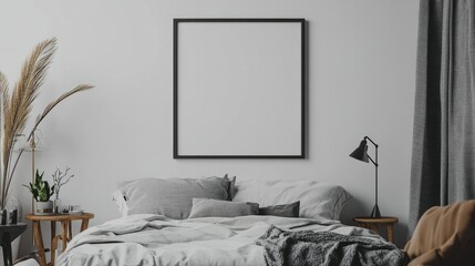 3D render of a modern bedroom with a blank mockup frame on a white wall, cozy bedding and stylish decor, ideal for artwork previews.