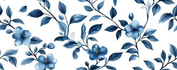 A delicate floral pattern featuring blue flowers and green leaves against a white background.