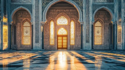 Obraz premium A stunning interior view of an ornate hall, featuring intricate architecture and illuminated windows casting beautiful reflections.