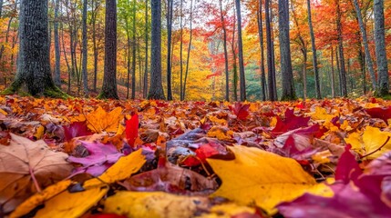A vibrant autumn forest with trees dressed in shades of red, orange, and yellow. The carpet of colorful fallen leaves and the crisp air create a rich and beautiful seasonal landscape.