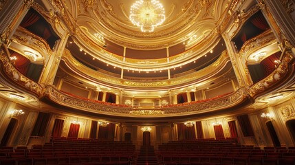 Obraz premium A stunning interior view of an ornate theater featuring luxurious chandeliers and elegant architecture, perfect for artistic projects.