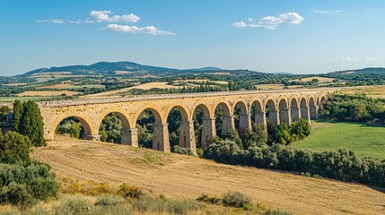 A stunning landscape featuring a majestic stone aqueduct spanning lush green fields under a clear blue sky.