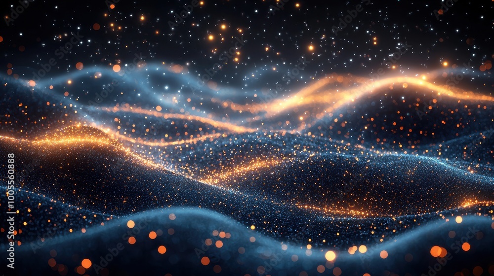 Poster A vibrant display of glowing particles creating waves of light in a dark background