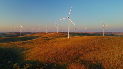Obraz premium A stunning landscape featuring wind turbines on rolling hills under a clear blue sky, symbolizing renewable energy and sustainability.