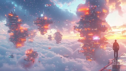 Obraz premium Futuristic cityscape with glowing skyscrapers floating above the clouds at sunset